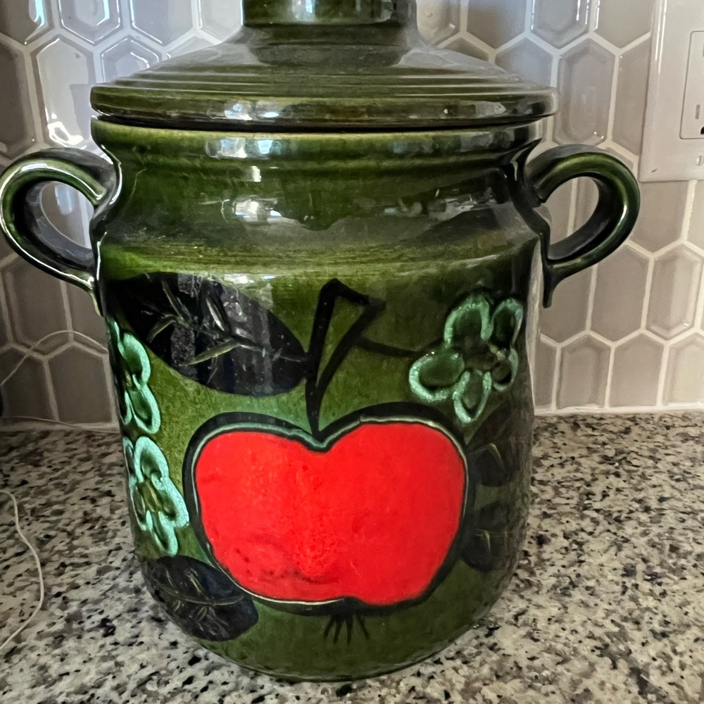 Vintage Rumtopf W Germany 1970s Green Ceramic Jar with Red Apple Flower Design